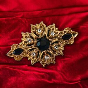 1928 Company Brooch Pin Ornate Gold Tone Rhinestones Filigree Victorian Art Deco